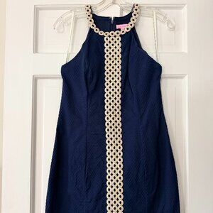 Lilly Pulitzer Sasha Halter Navy Blue with Gold Trim Fitted Dress - Size 0